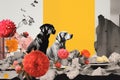 Style collage, concept human and dog, animals friendship. dogs, flowers, decorative elements, AI generated