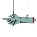 Style of a comic Zombie hand hanging on hooks