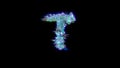 Style cybernetical blue distorted alphabet - letter T on black, isolated - object 3D rendering