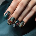 The woman\'s nails are decorated with green and red designs, Generative AI