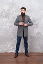 Style and intelligence. Man handsome bearded businessman wear luxury formal suit. Menswear and fashion concept. Guy