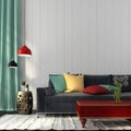 Style interior with dark blue sofa and a red table Royalty Free Stock Photo