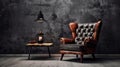 Style loft interior with leather armchair on dark cement wall.. Generative AI Royalty Free Stock Photo