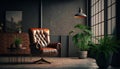 Style loft interior with leather armchair on dark wall background. Generative AI Royalty Free Stock Photo