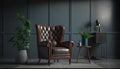 Style loft interior with leather armchair on dark wall background. Generative AI Royalty Free Stock Photo