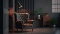 Style loft interior with leather armchair on dark wall background. Generative AI Royalty Free Stock Photo