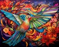 The style of Mucha is colourful bird rnbow colors.