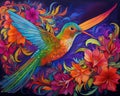 The style of Mucha is colourful bird rnbow colors.