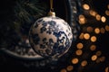 Blue and white ornament hangs on a tree, Generative AI