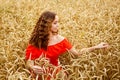 Style redhead girl in red dress tay on yellow wheat field . Royalty Free Stock Photo