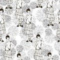 In the style of the 1920s.  Seamless pattern with a girl on a white background with pencils drawn Royalty Free Stock Photo