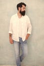 style tips for men. handsome attractive hipster. Fashion male model. Mature hipster with beard. brutal man has brunette Royalty Free Stock Photo