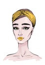 Style woman in scarf hand-drawn yellow art. Fashion portrait illustration realistic face of the woman in hairstyle bow. Arrows cat