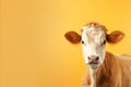 Styled and contented dairy cattle positively posed on isolated pastel color background