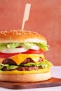 Styled double burger with cheese, beef, green lettuce and onions