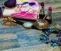 Styled feminine desktop - woman fashion flat lay items and fresh Royalty Free Stock Photo