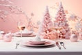 Styled food tablescape in pink, white, and pastel palette