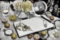 Styled still life with open book diary with copy space, crystal ball, runes, yellow flowers and ritual magic object on witch table Royalty Free Stock Photo