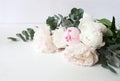 Styled stock photo. Decorative still life floral composition. Wedding or birthday bouquet of pink and white peony