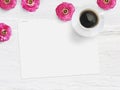 Styled stock photo. Feminine product mockup with buttercup flowers, Ranunculus, blank list of paper, cup of coffee and