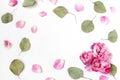 Styled stock photo. Feminine wedding desktop composition with pink roses petals and flowers, dry green eucalyptus leaves