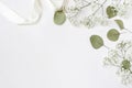 Styled stock photo. Feminine wedding desktop mockup with baby`s breath Gypsophila flowers, dry green eucalyptus leaves