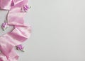 Styled stock photo. Feminine wedding desktop mockup with baby`s breath Gypsophila flowers, dry green eucalyptus leaves, satin Royalty Free Stock Photo