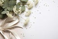 Styled stock photo. Feminine wedding desktop mockup with baby\'s breath Gypsophila flowers, dry green eucalyptus leaves Royalty Free Stock Photo