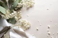 Styled stock photo. Feminine wedding desktop mockup with baby\'s breath Gypsophila flowers, dry green eucalyptus leaves Royalty Free Stock Photo