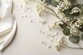 Styled stock photo. Feminine wedding desktop mockup with baby\'s breath Gypsophila flowers, dry green eucalyptus leaves Royalty Free Stock Photo