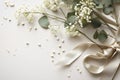 Styled stock photo. Feminine wedding desktop mockup with baby\'s breath Gypsophila flowers, dry green eucalyptus leaves Royalty Free Stock Photo