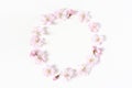 Styled stock photo. Spring, Easter feminine scene floral composition. Round frame wreath pattern made of pink Japanese Royalty Free Stock Photo
