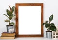 Styled tabletop, empty frame, painting art poster interior mock-