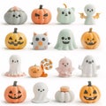 16 styles of cute dolls in Halloween theme, ghost and Jack-o\'-lantern pumpkins. Royalty Free Stock Photo