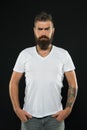 Styling and trimming beard care. Bearded confident hipster. Beard fashion and barber concept. Man handsome hipster
