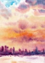 Stylised colorful sky with clouds. Attractive sunrise or sunset. Hand drawn watercolors on paper textures