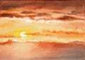Stylised colorful sunset or sunrise with clouds. Attractive sky landscape. Hand drawn watercolors on paper textures. Raster
