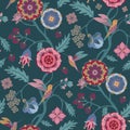 Stylised flowers and birds on dark green background. Indian floral style pattern.