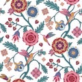 Stylised flowers and hummingbirds on white background. Indian floral style pattern