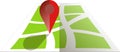 Stylised green map with red GPS dot. Flat design, object on white, design element