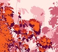 Stylised vector illustration with silhouettes of flowers in warm tones, orange, purple and pink Ã¢â¬â decorative pattern