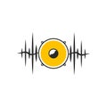 Stylised yellow speaker on dark waves. Minimalistic sound logo on white background. Vector illustration Royalty Free Stock Photo