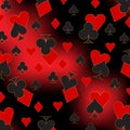 Stylish abstract pattern of figures of symbols of card suit - clubs, tambourines, spades, hearts with a golden outline.