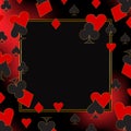 Stylish abstract pattern of symbols of card suit - clubs, tambourines, spades, hearts with a golden outline.