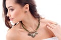 Stylish accessory on woman. Necklace with choker on neck and ear Royalty Free Stock Photo