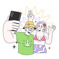 Stylish adult characters holding a smartphone, taking a selfie