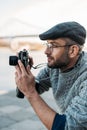 stylish adult man with vintage film Royalty Free Stock Photo