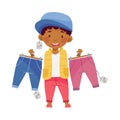 Stylish African American Boy Holding Fashion Clothes with Price Tags Choosing Vector Illustration