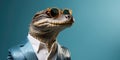 Stylish alligator in a business suit on a blue background. Generative AI