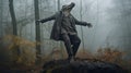 Stylish Alligator Statue In Foggy Forest: A Captivating Blend Of Costume Design And Theatrical Gestures